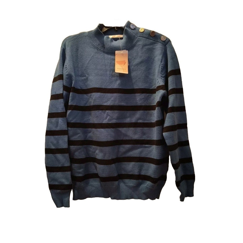 New Kirundo Women's Medium Blue Black Striped Silver Button Pullover Sweater